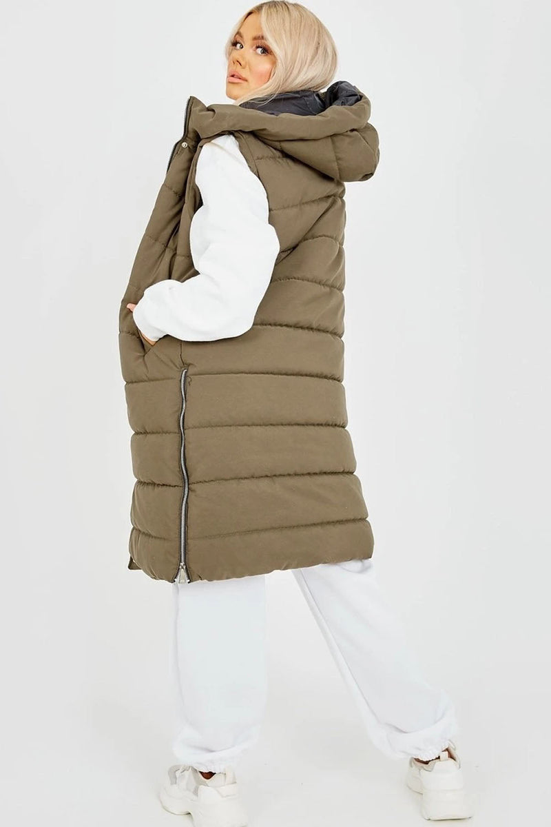 Khaki Panel Padded Longline Gilet