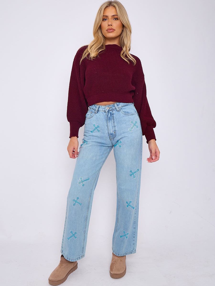 Crucifix Embellished Straight Leg Denim Jeans - Laura - Storm Desire