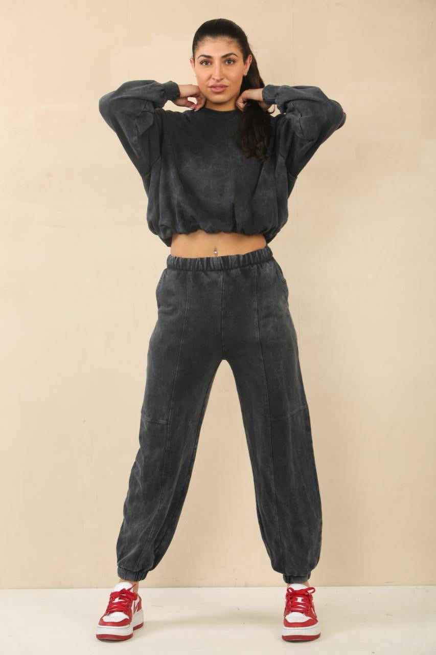 Acid Wash Bubble Hem Sweatshirt & Jogger Tracksuit - Amanda