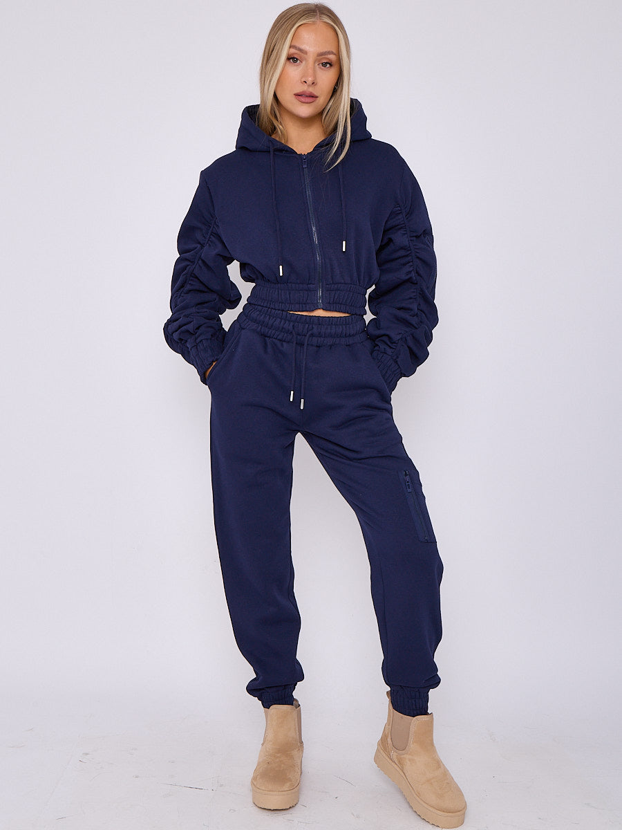 Side Pocket Ruched Sleeve Hoodie & Jogger Co-ord - Aylin - Storm Desire