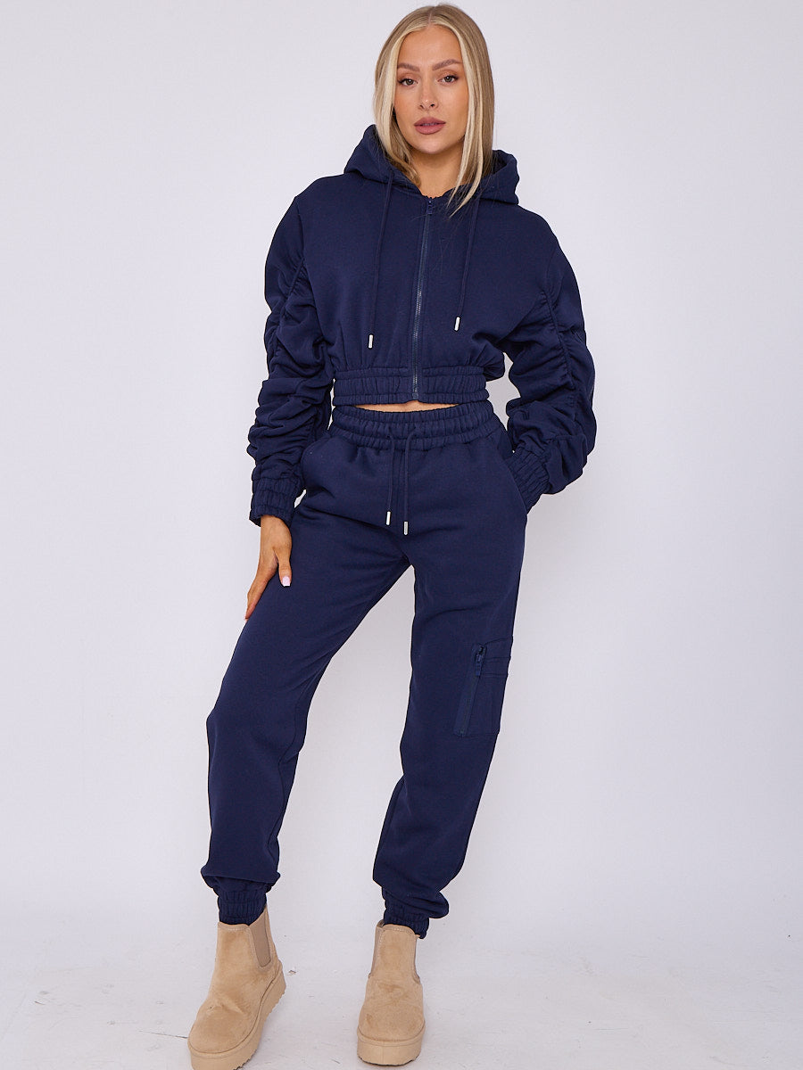 Side Pocket Ruched Sleeve Hoodie & Jogger Co-ord - Aylin - Storm Desire