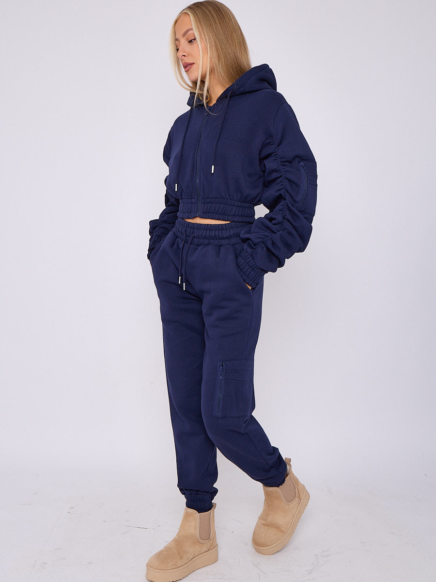 Side Pocket Ruched Sleeve Hoodie & Jogger Co-ord - Aylin - Storm Desire