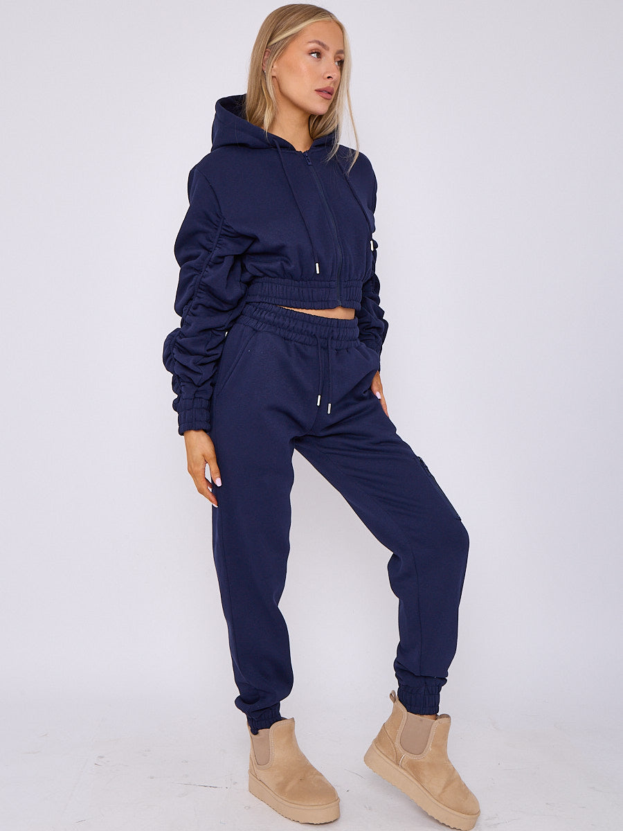 Side Pocket Ruched Sleeve Hoodie & Jogger Co-ord - Aylin - Storm Desire