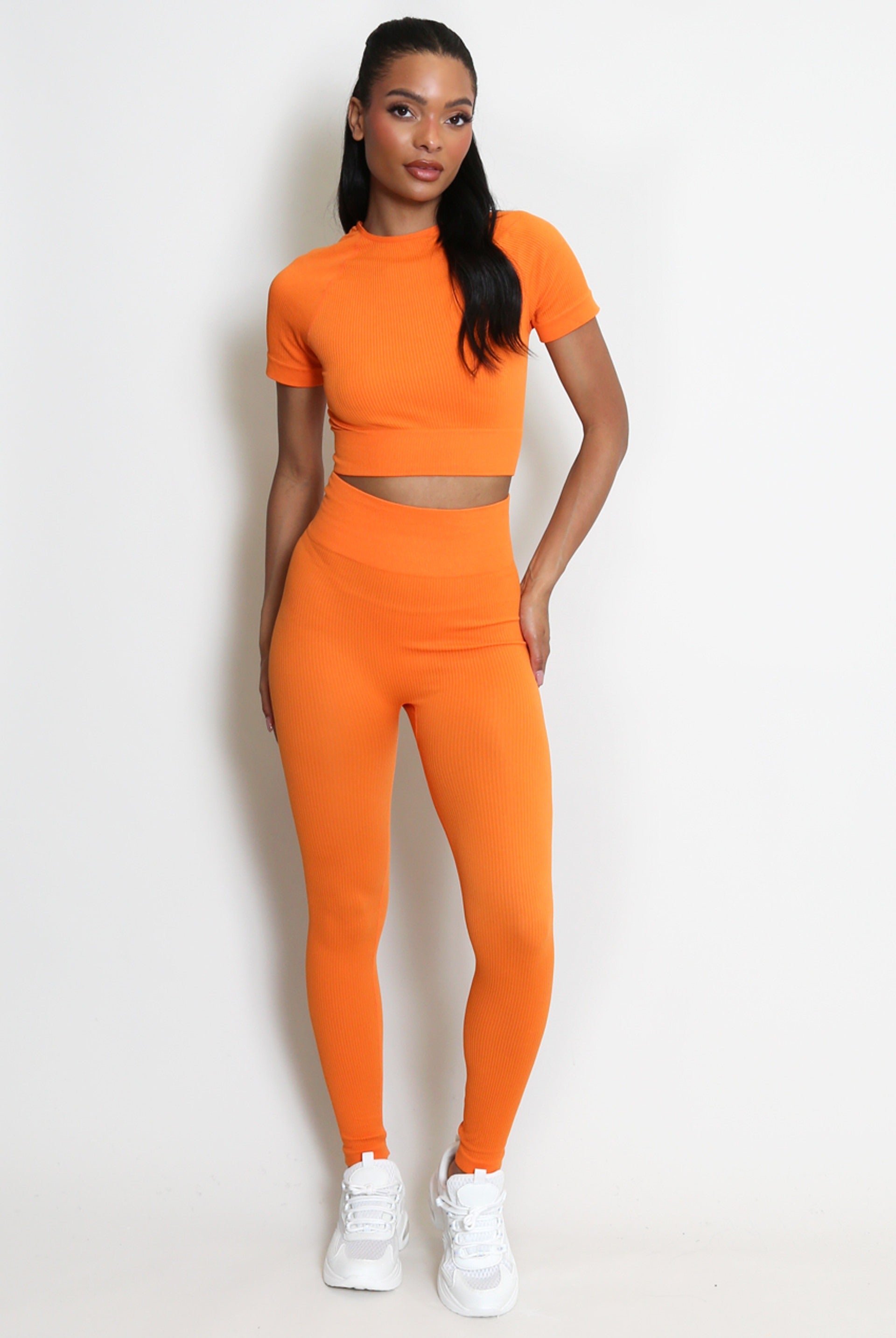 Ribbed Short Sleeve Top And Legging Gym Set - Phoenix - Storm Desire