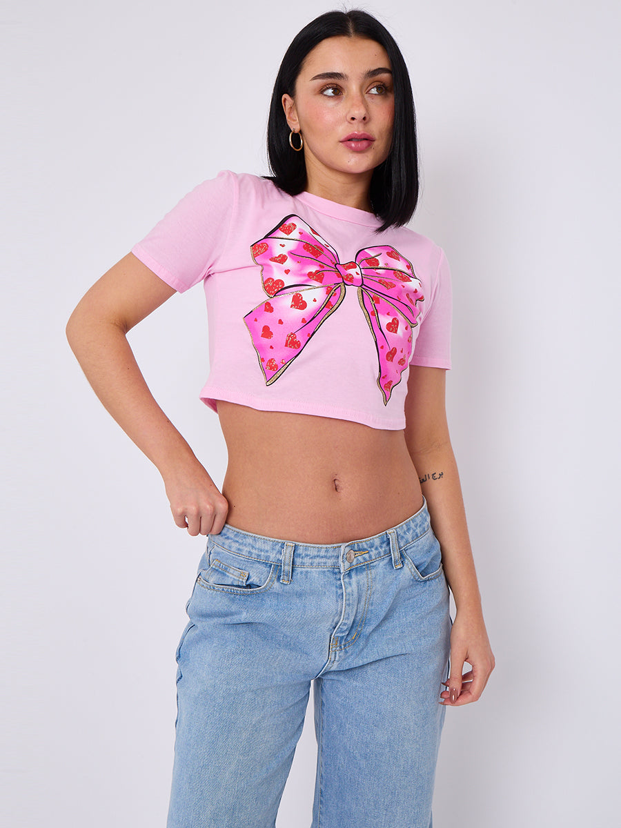 Pink Bow Hearts Printed Crop Top - April - Storm Desire