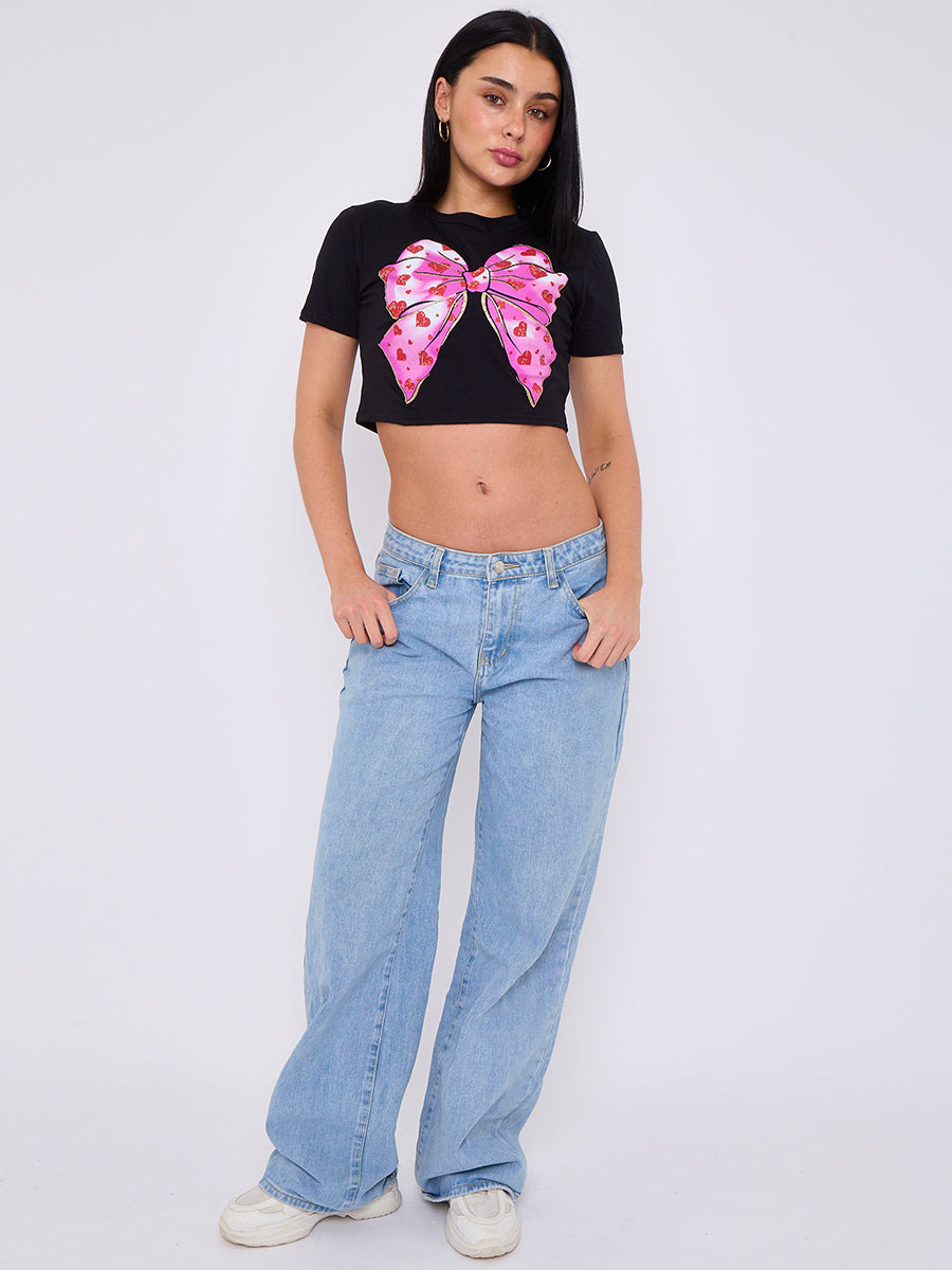 Pink Bow Hearts Printed Crop Top - April - Storm Desire