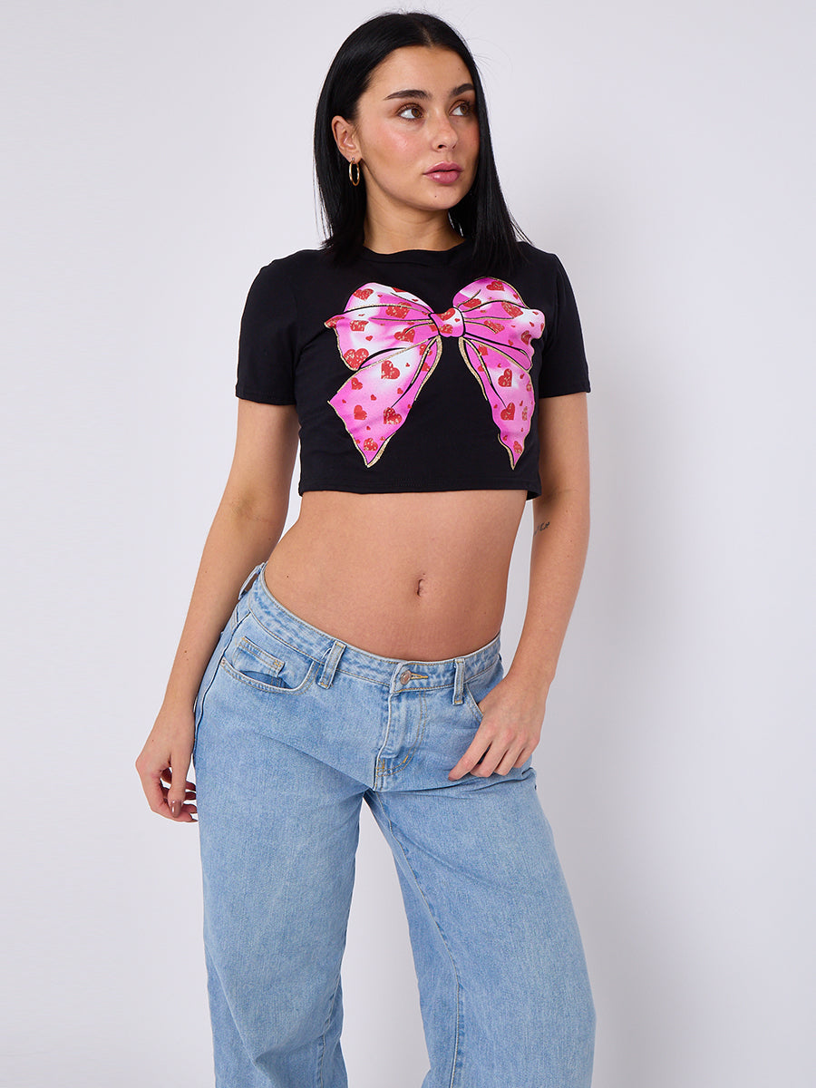 Pink Bow Hearts Printed Crop Top - April - Storm Desire