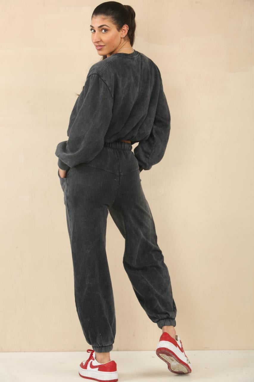 Acid Wash Bubble Hem Sweatshirt & Jogger Tracksuit - Amanda