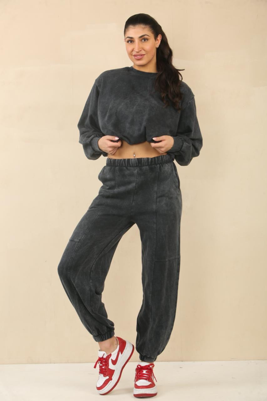 Acid Wash Bubble Hem Sweatshirt & Jogger Tracksuit - Amanda