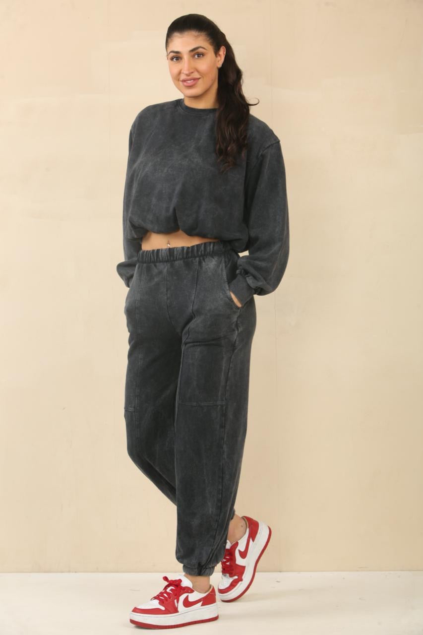 Acid Wash Bubble Hem Sweatshirt & Jogger Tracksuit - Amanda