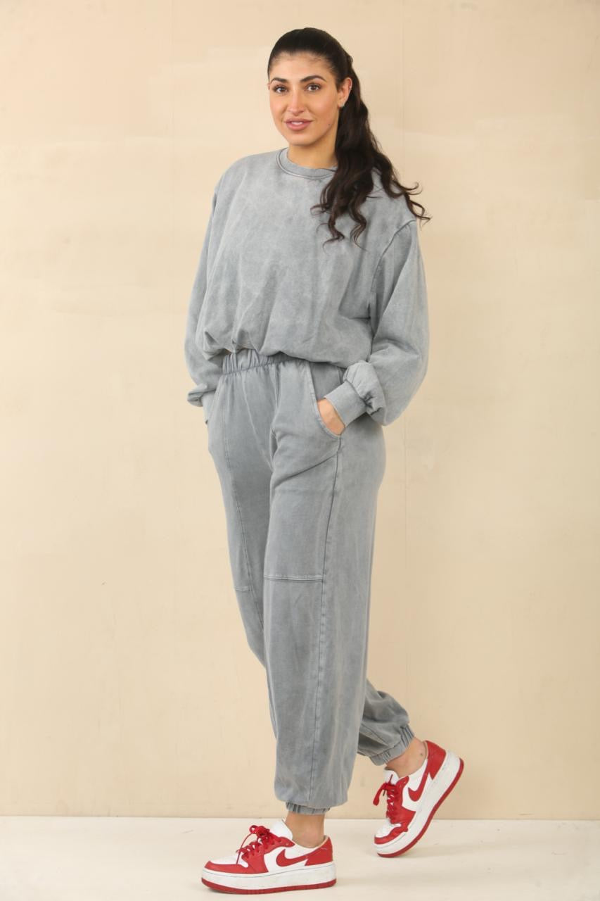 Acid Wash Bubble Hem Sweatshirt & Jogger Tracksuit - Amanda