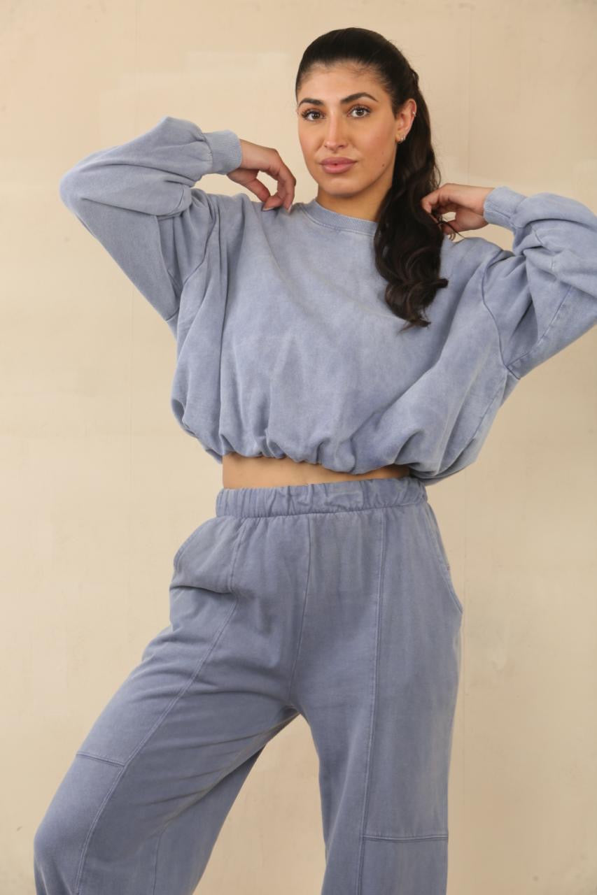 Acid Wash Bubble Hem Sweatshirt & Jogger Tracksuit - Amanda