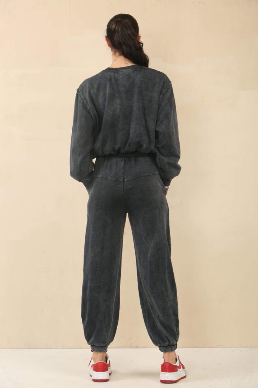 Acid Wash Bubble Hem Sweatshirt & Jogger Tracksuit - Amanda