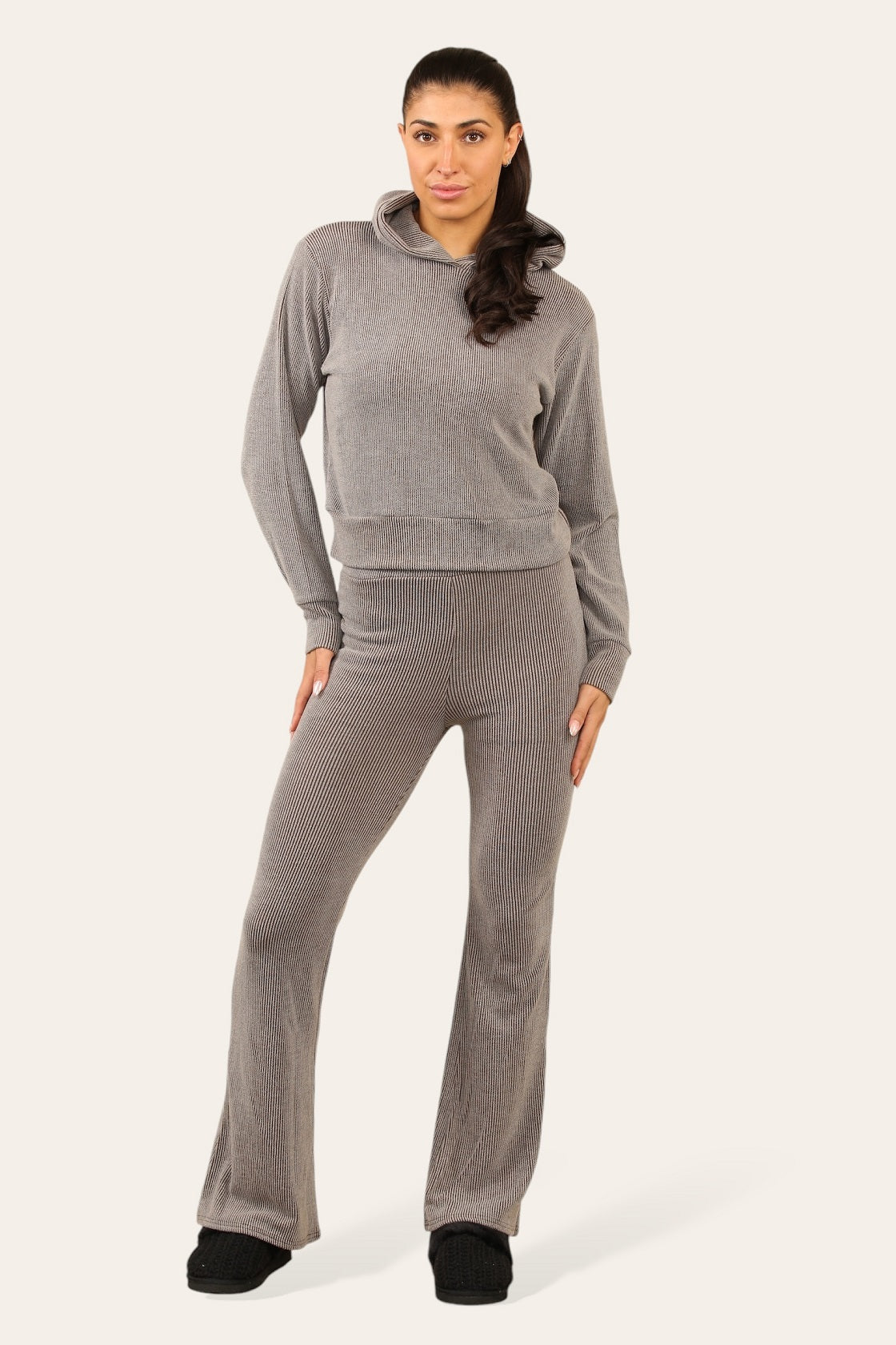 Ribbed Hooded Top & Flare Pants Set - Ariyah - Storm Desire