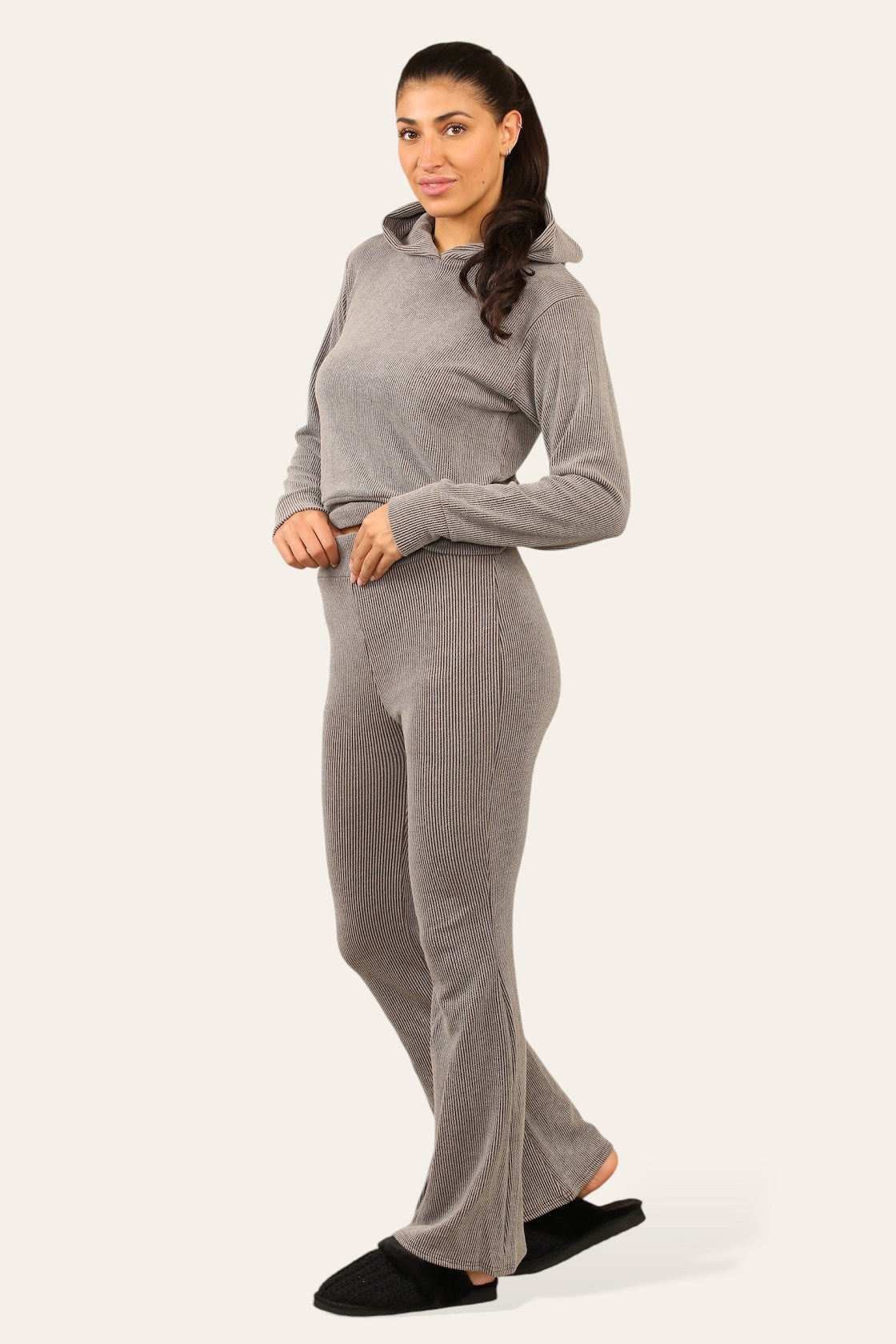 Ribbed Hooded Top & Flare Pants Set - Ariyah - Storm Desire