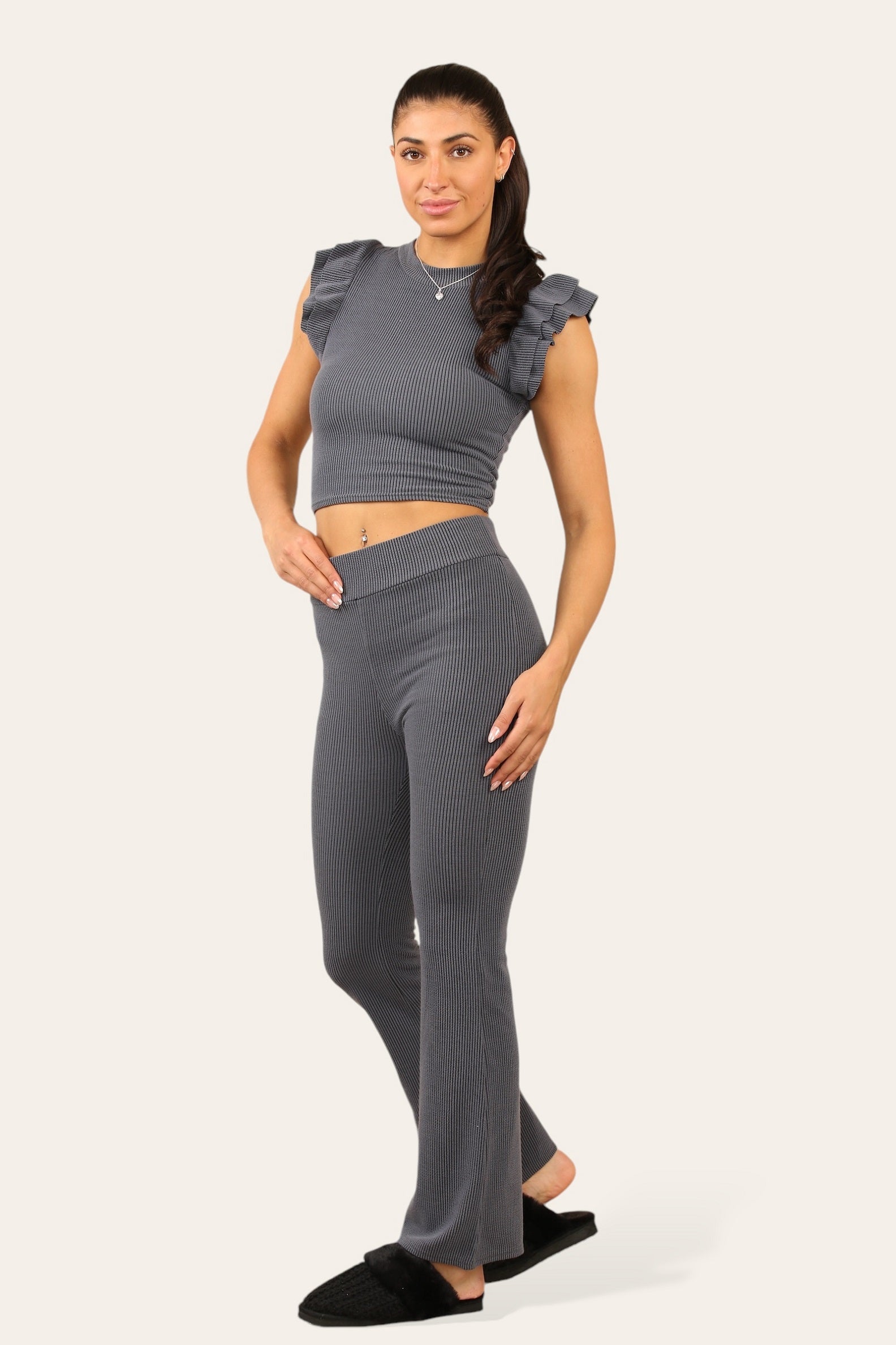 Sleeveless Frill Top & Flare Pants Set - Mya - Storm Desire