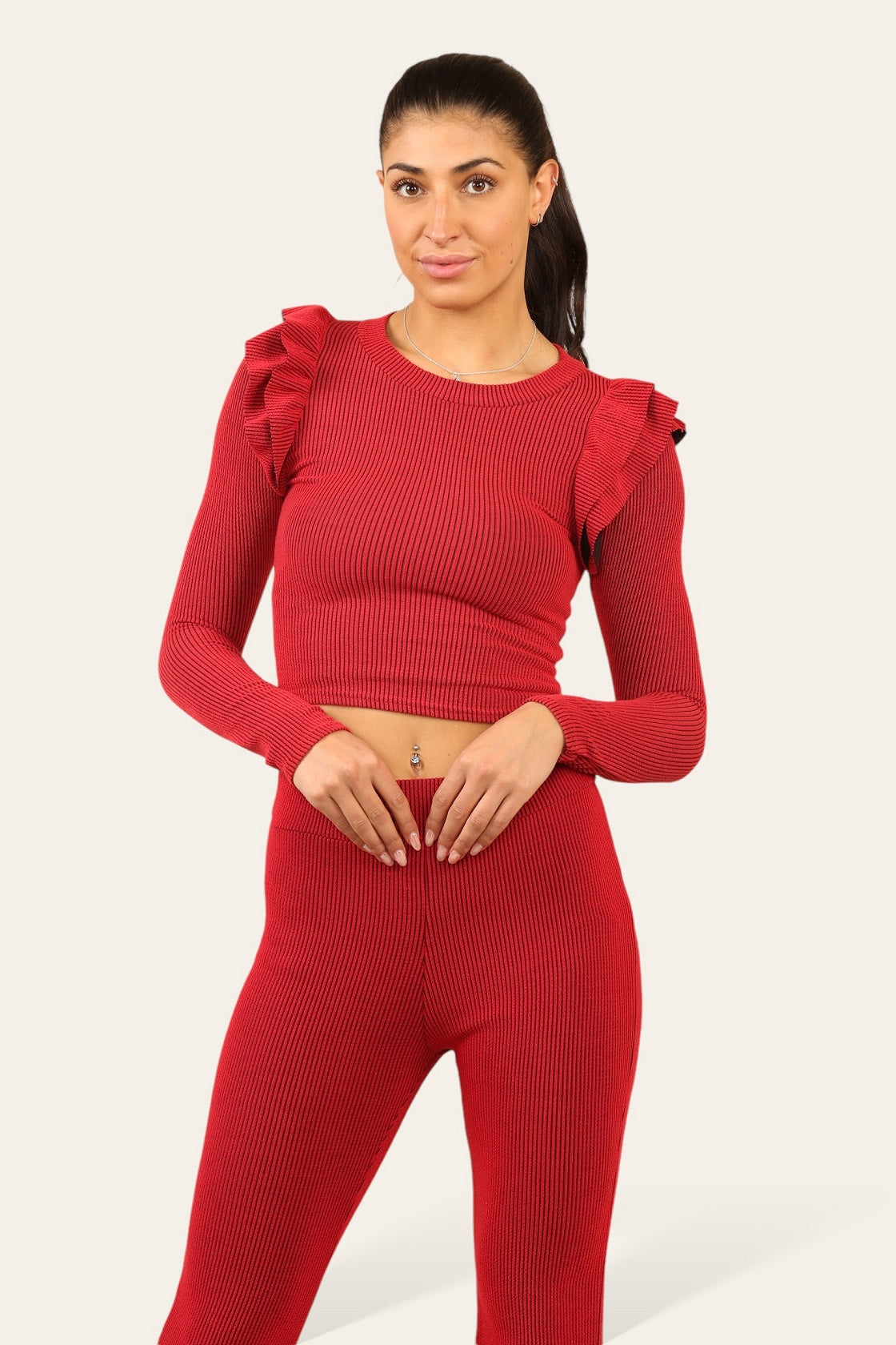 Ribbed Frill Shoulder Top & Flare Pants Set - Dream - Storm Desire