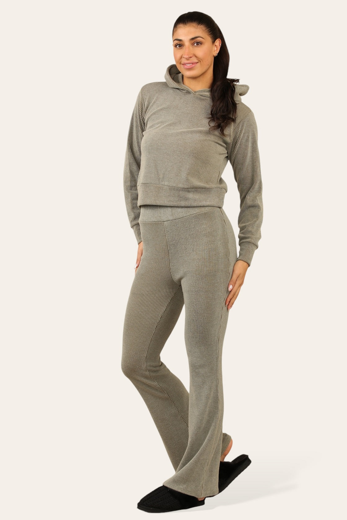 Ribbed Hooded Top & Flare Pants Set - Ariyah - Storm Desire