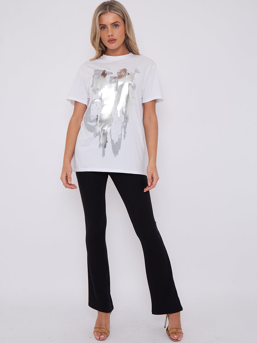 Silver Metallic Foil Graphic Printed T-Shirt - Scarlet - Storm Desire