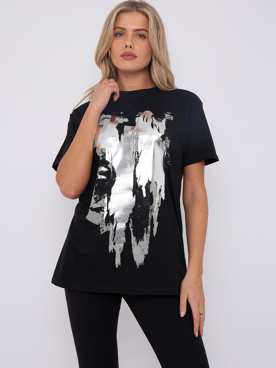 Silver Metallic Foil Graphic Printed T-Shirt - Scarlet - Storm Desire