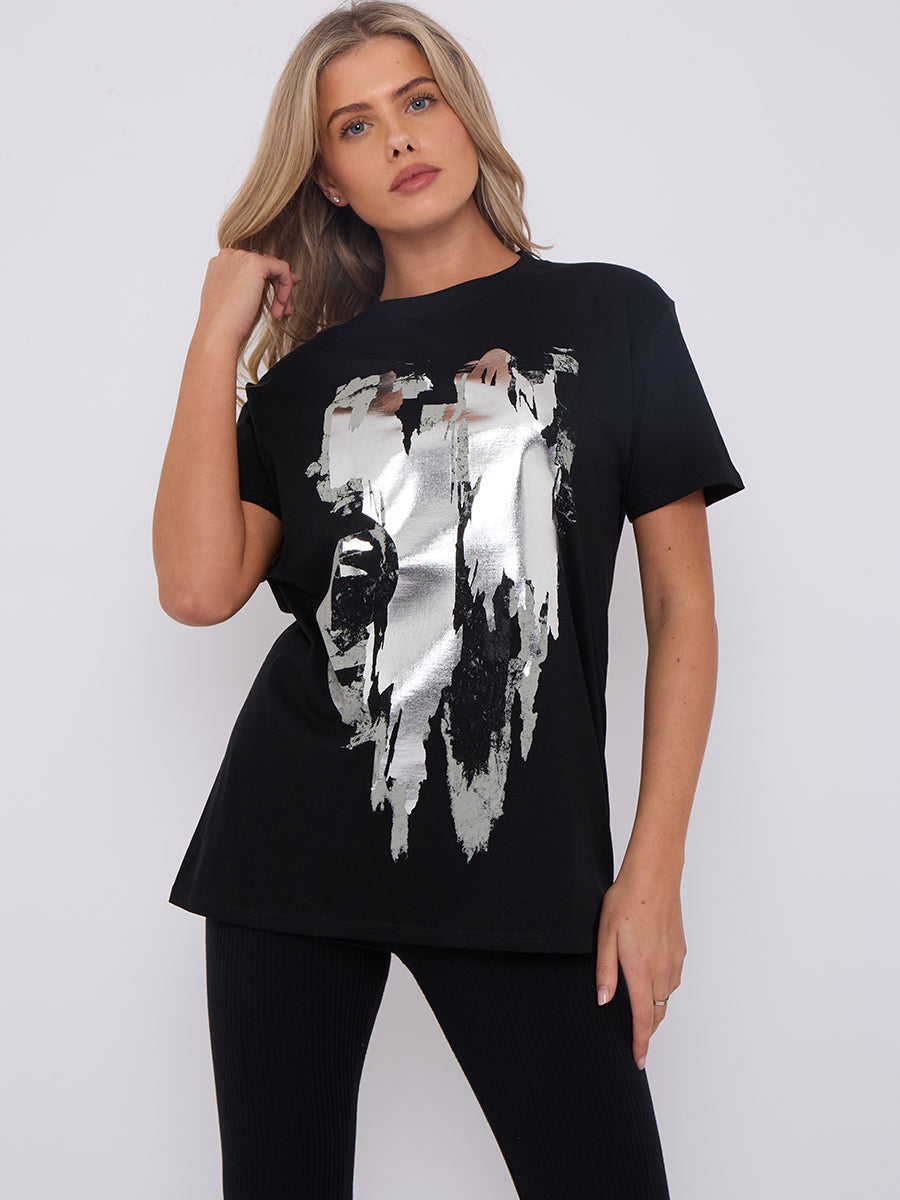 Silver Metallic Foil Graphic Printed T-Shirt - Scarlet - Storm Desire