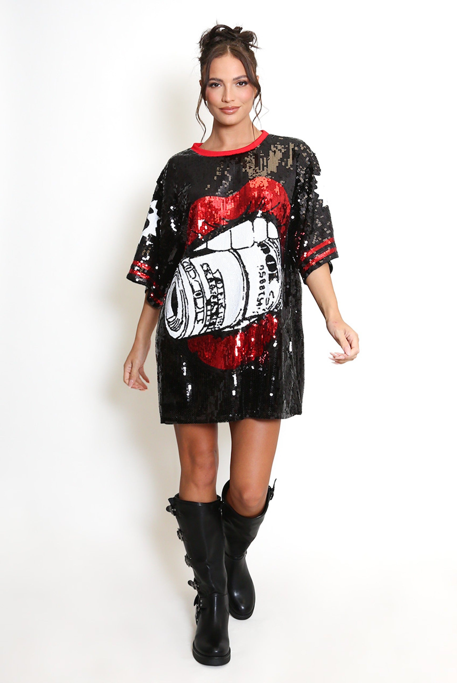 Oversized Dollar Lips Sequin T-Shirt Dress - Vanessa - Storm Desire