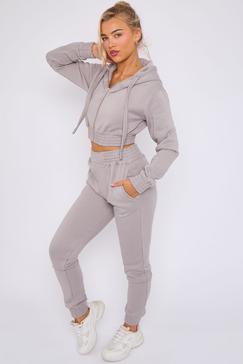 Dove Grey Crop Zip Hooded Loungewear - Valentina - Storm Desire