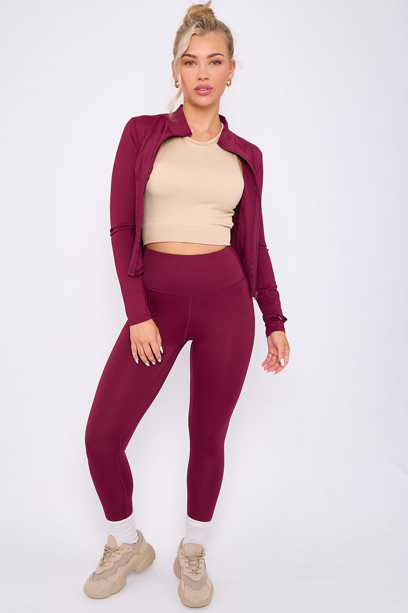 Wine Zip Long Sleeve Top And Legging Energy Gym Set - Sadie - Storm Desire