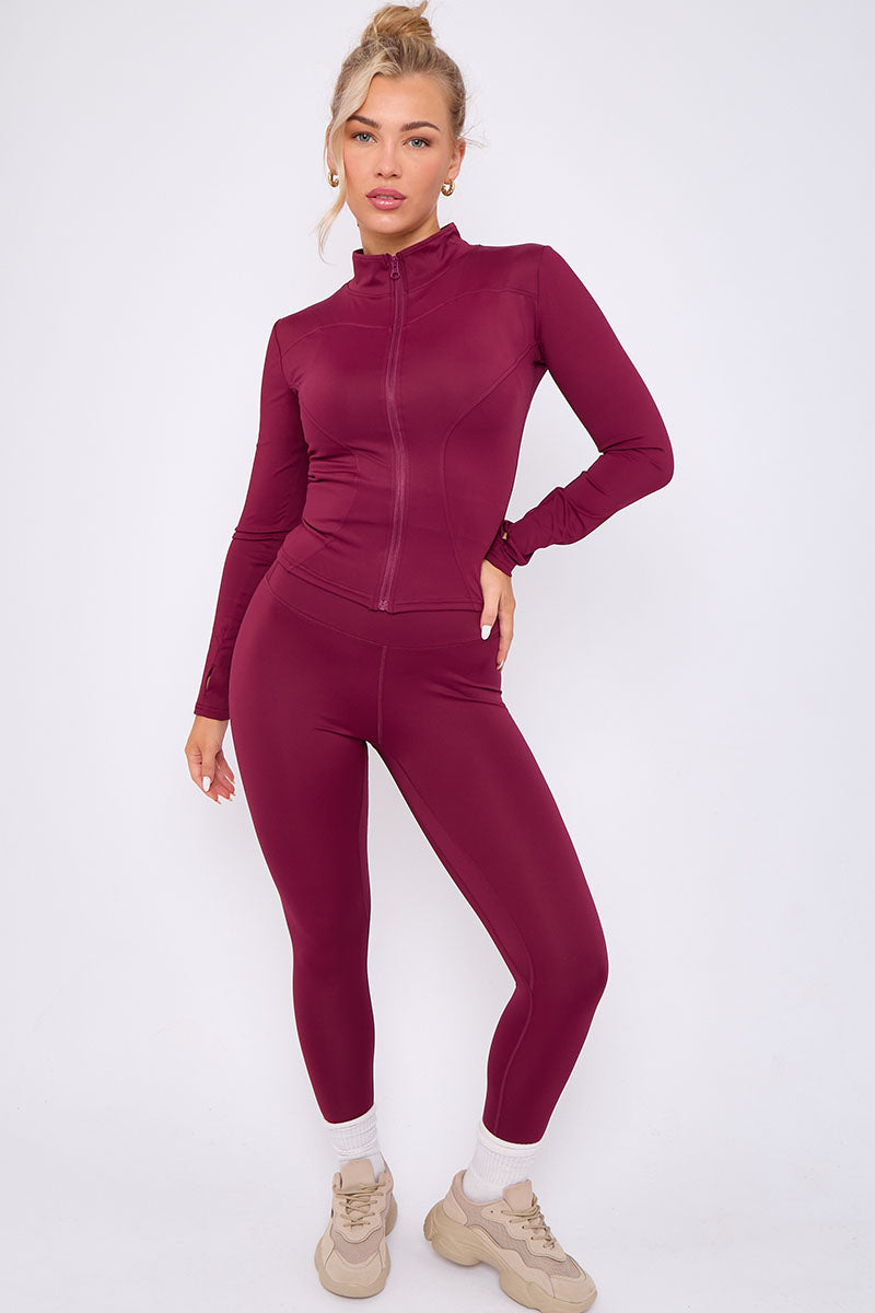 Wine Zip Long Sleeve Top And Legging Energy Gym Set - Sadie - Storm Desire