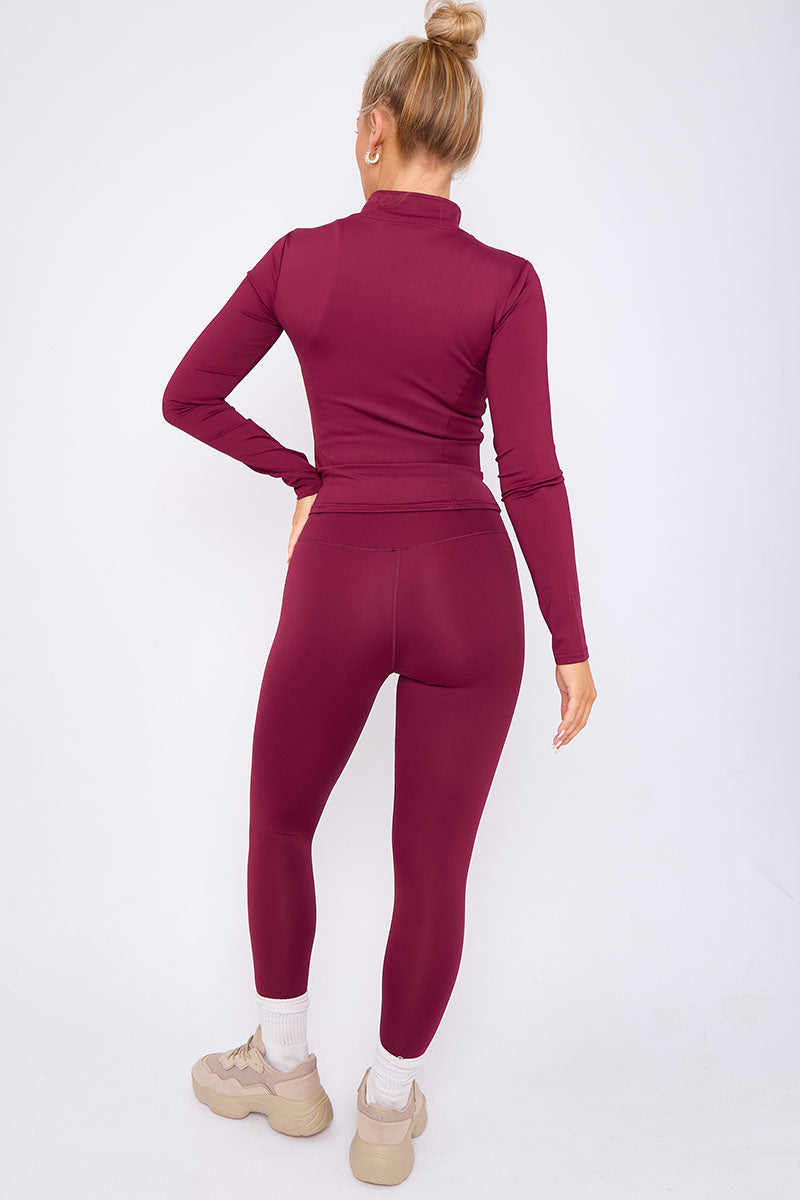 Wine Zip Long Sleeve Top And Legging Energy Gym Set - Sadie - Storm Desire