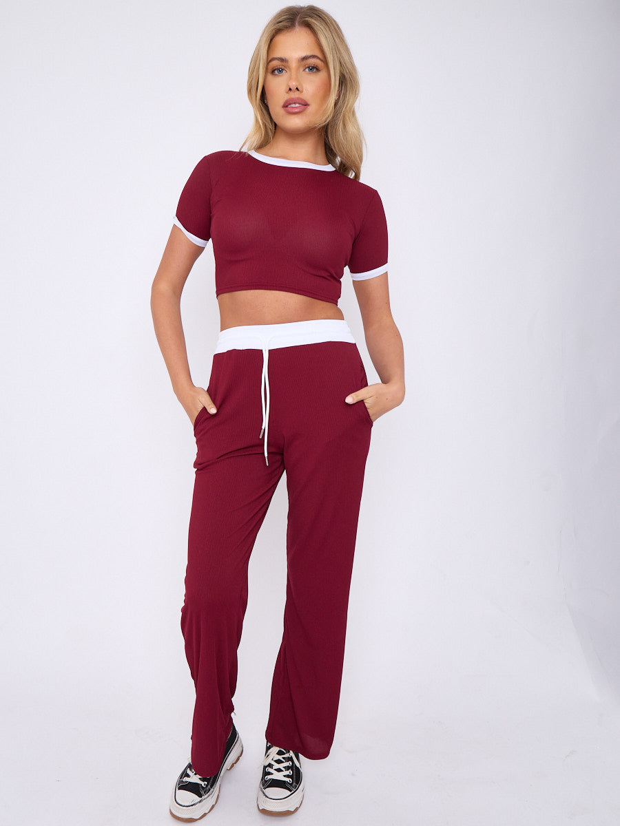 Wine Ribbed Crop Top & Wide Leg Trouser Co-ord - Magnolia - Storm Desire