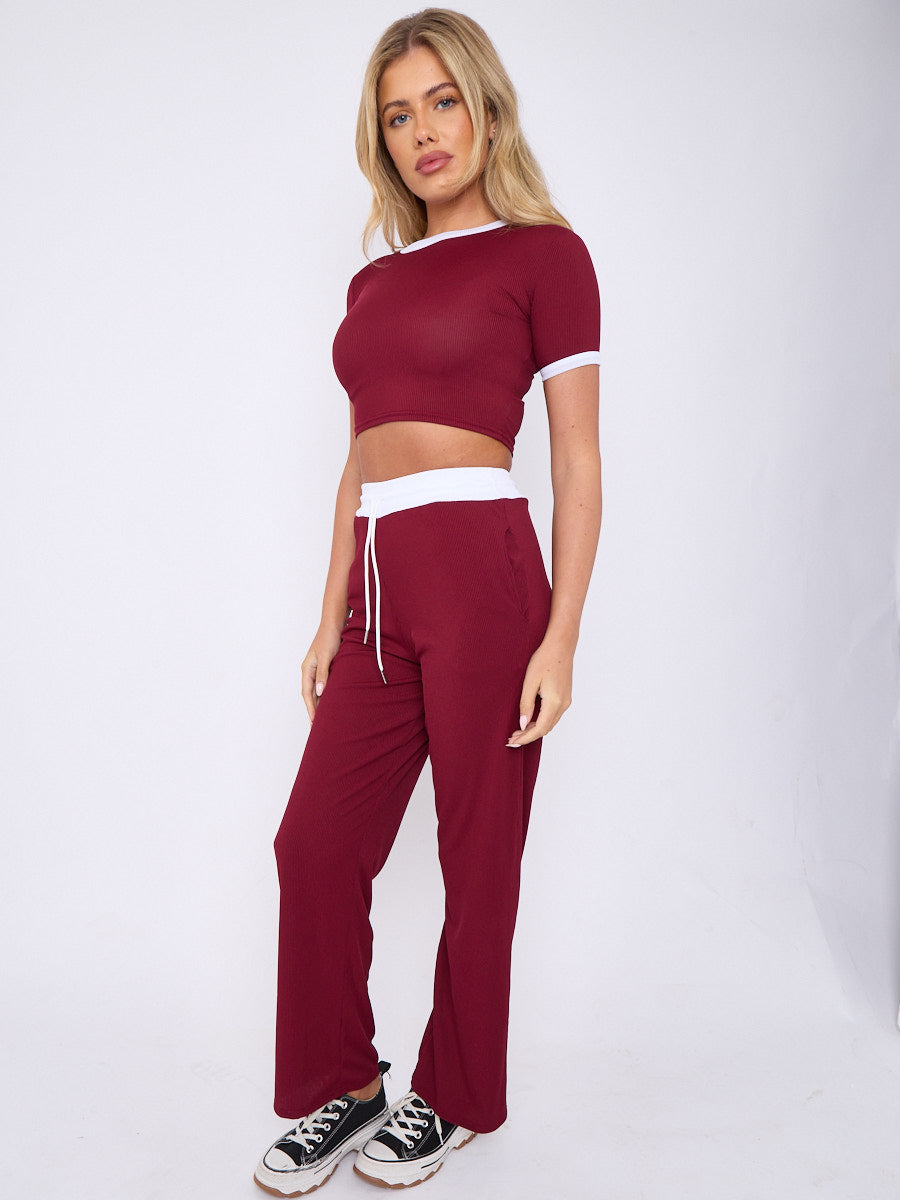 Wine Ribbed Crop Top & Wide Leg Trouser Co-ord - Magnolia - Storm Desire