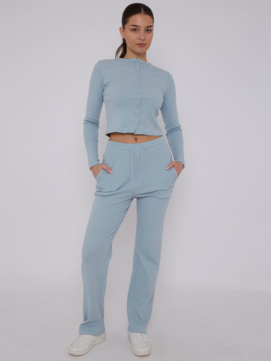 Ribbed Button Up Top & Wide Leg Trouser Co-ord - Mae - Storm Desire