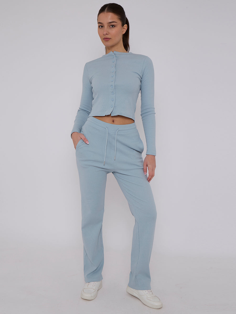 Ribbed Button Up Top & Wide Leg Trouser Co-ord - Mae - Storm Desire