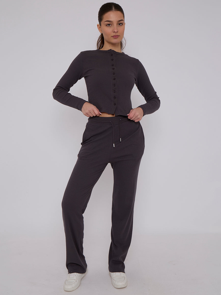 Ribbed Button Up Top & Wide Leg Trouser Co-ord - Mae - Storm Desire