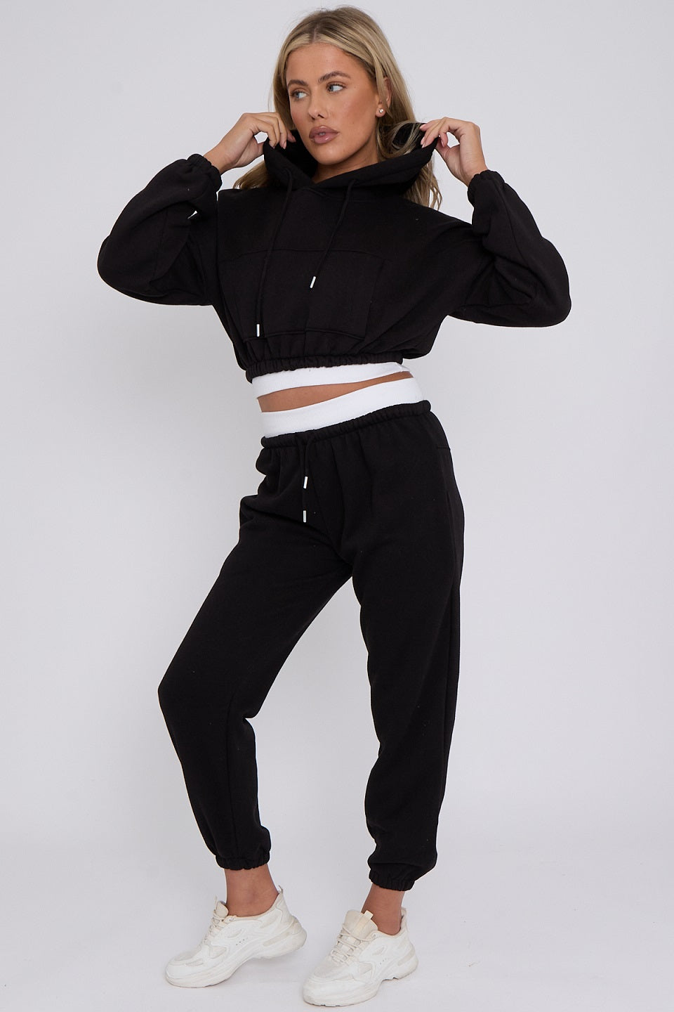 White Band Crop Hooded Loungewear Set - Nelly - Storm Desire