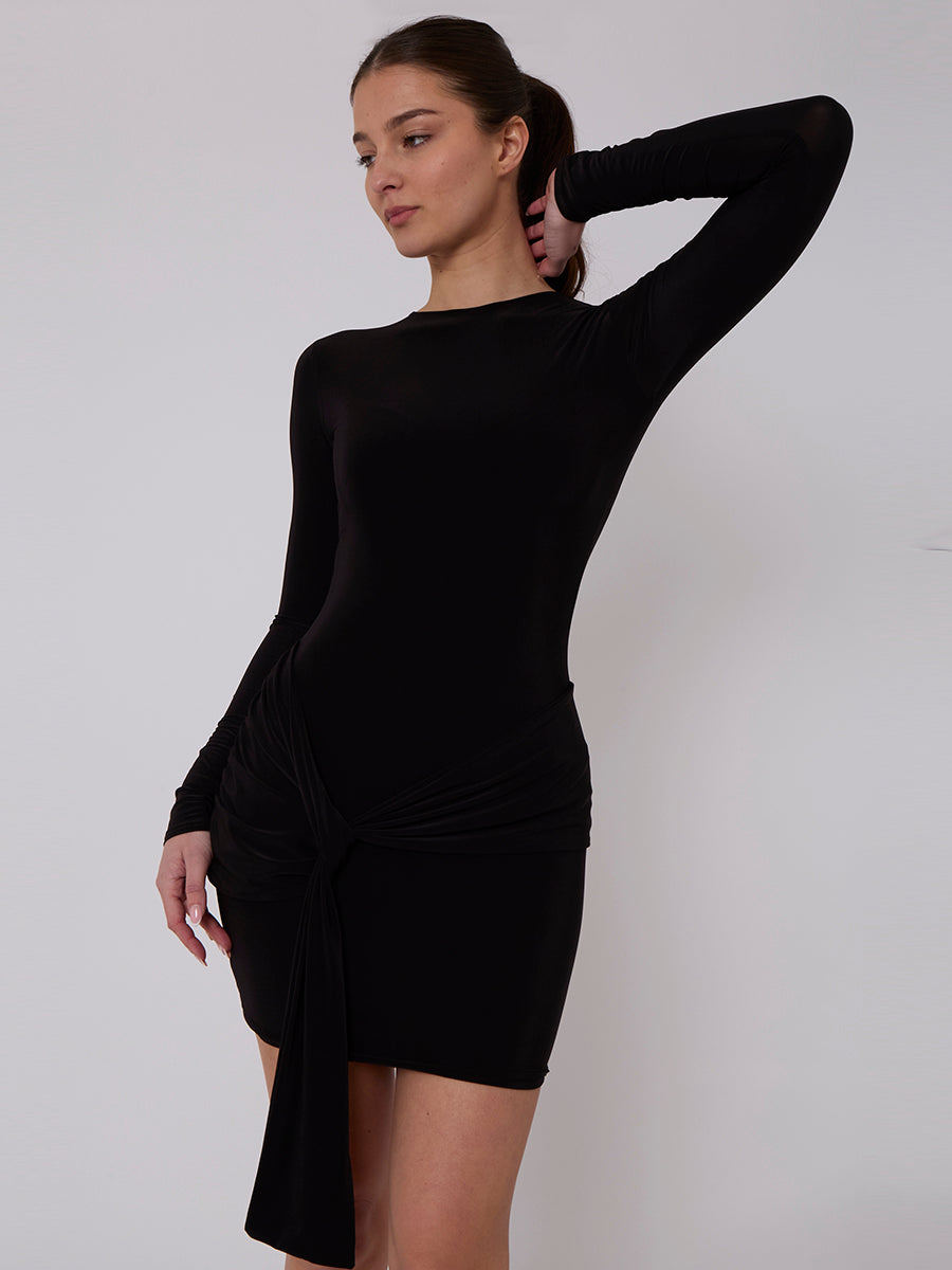 Long Sleeve Knot Slinky Dress - Rhea - Storm Desire