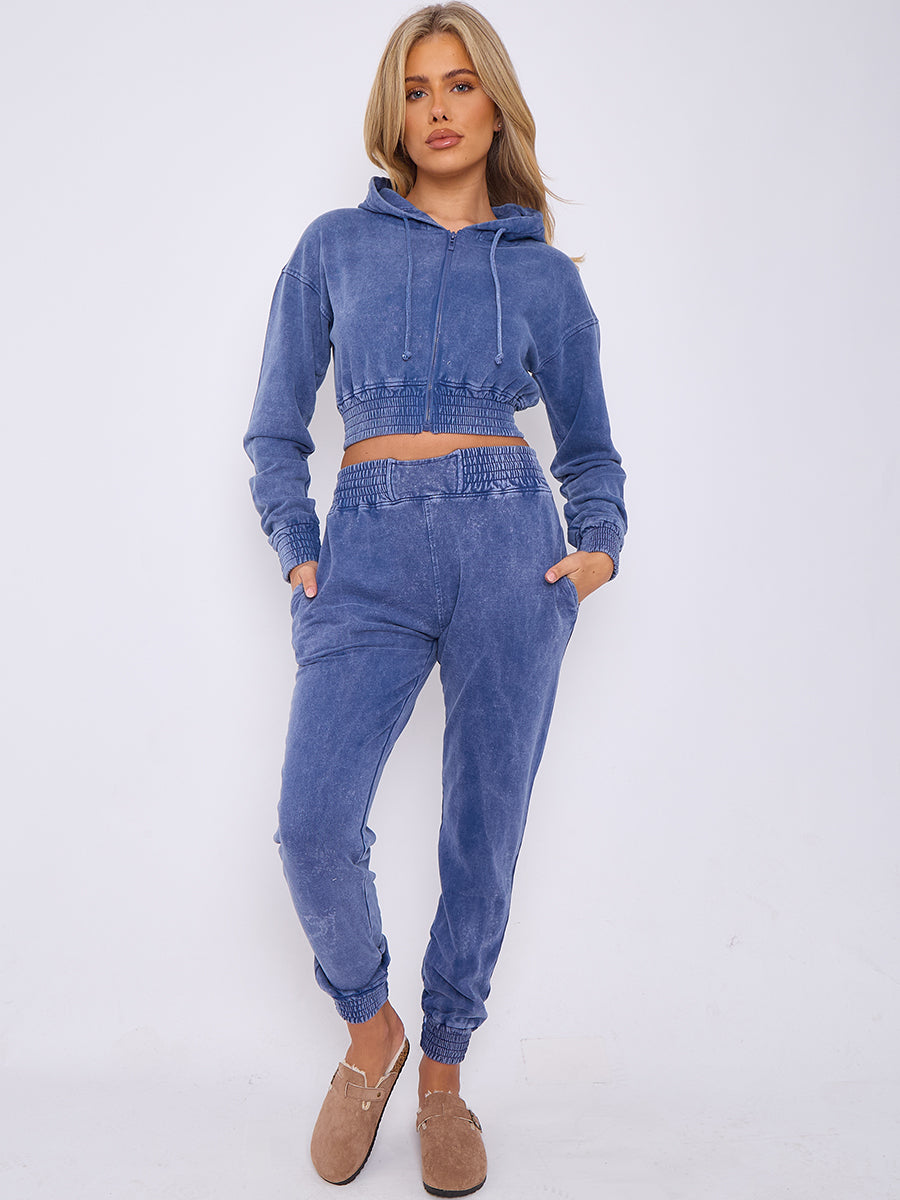 Acid Wash Cropped Hoodie & Jogger Tracksuit - Valentina - Storm Desire