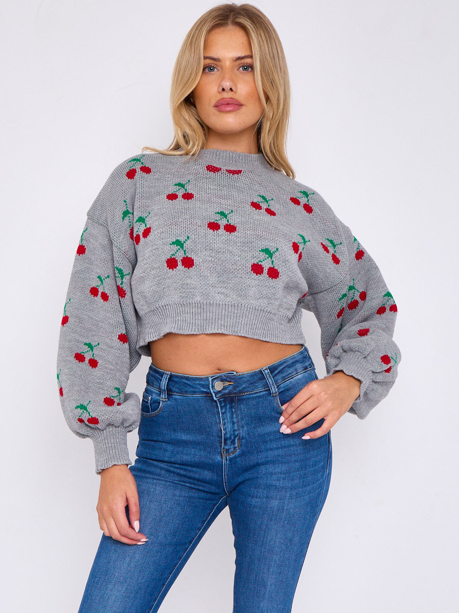 Knitted Cherry Cropped Jumper - Regina - Storm Desire