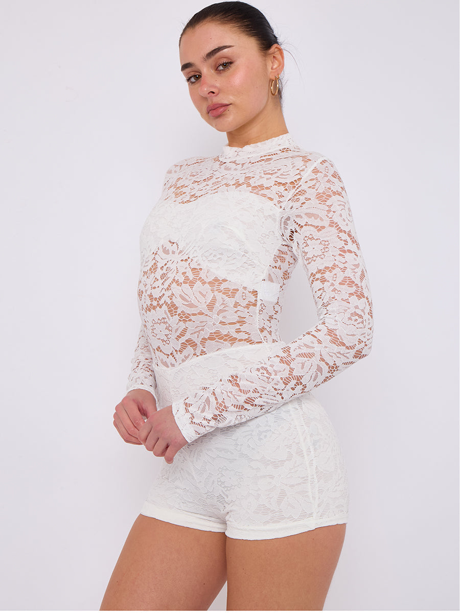 Lace High Neck Long Sleeve Playsuit - Emerie - Storm Desire