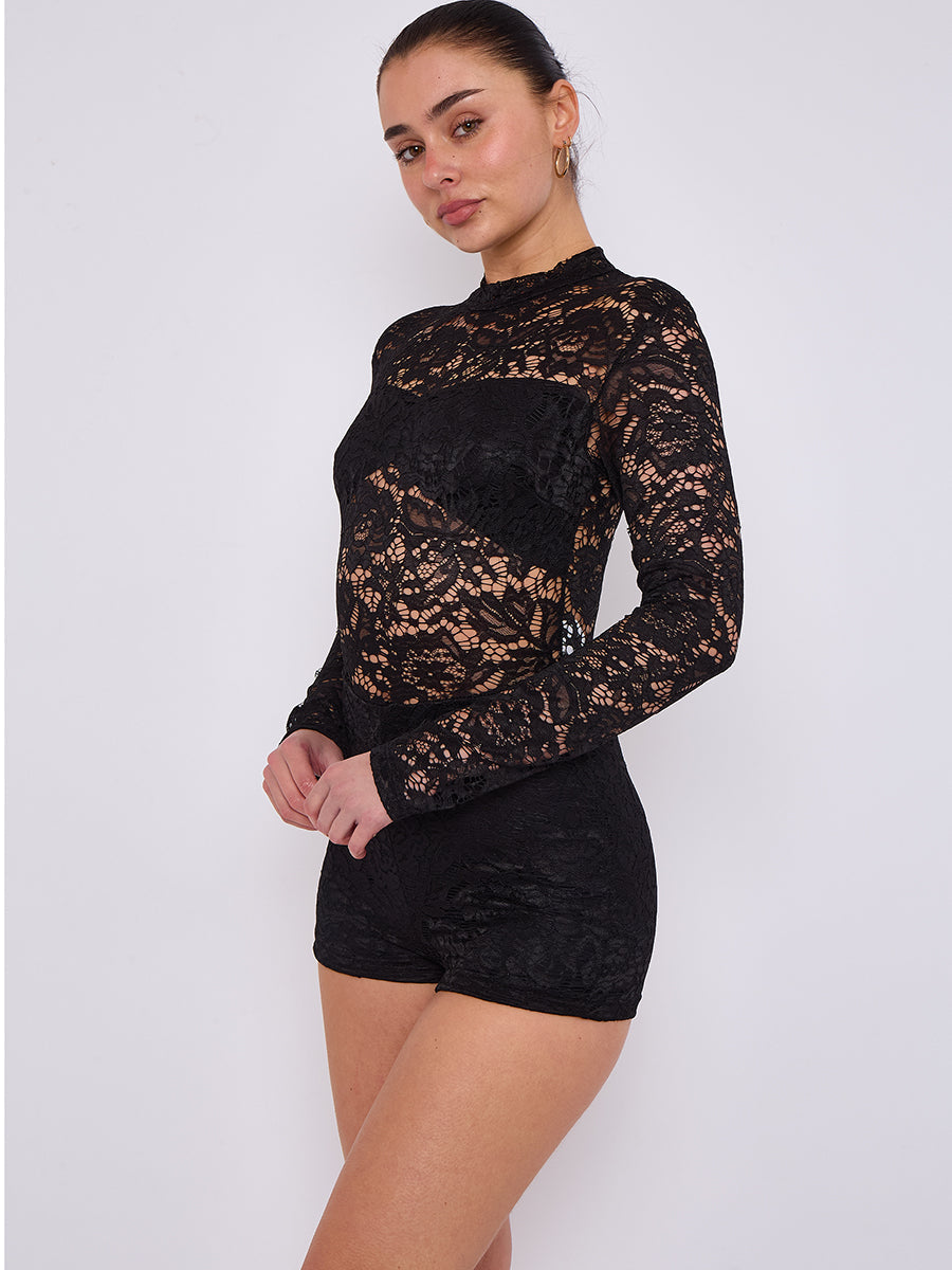 Lace High Neck Long Sleeve Playsuit - Emerie - Storm Desire