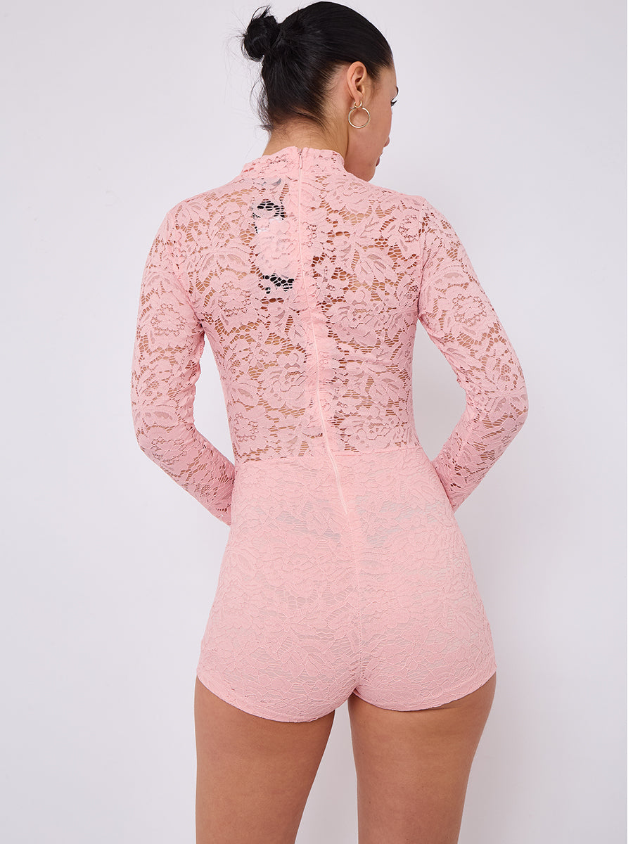 Lace High Neck Long Sleeve Playsuit - Emerie - Storm Desire