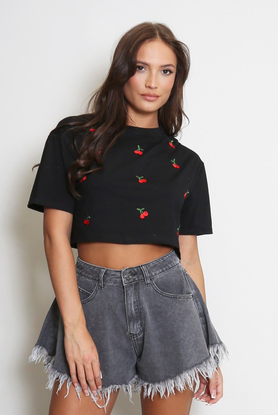 Black Cherry Embroidered Cropped T-Shirt - June - Storm Desire