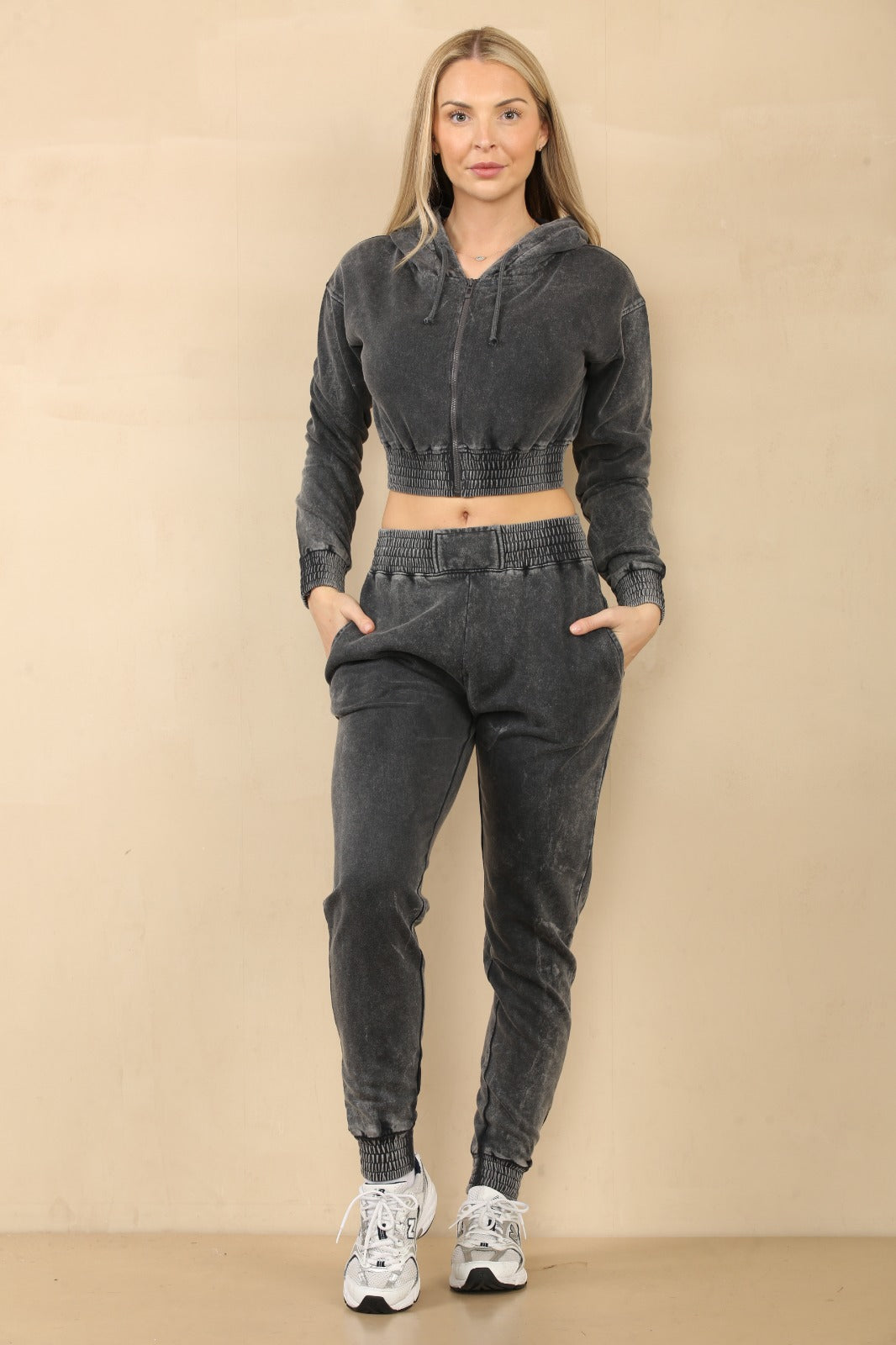 Acid Wash Cropped Hoodie & Jogger Tracksuit - Valentina - Storm Desire