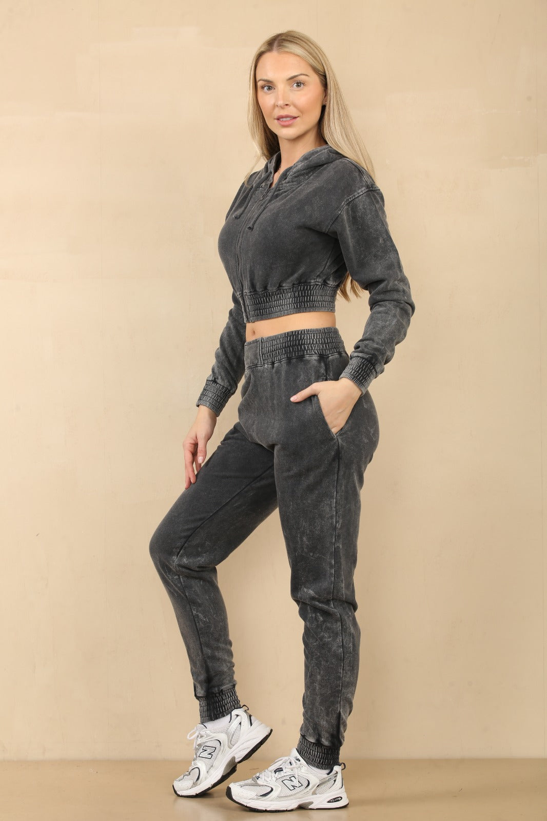 Acid Wash Cropped Hoodie & Jogger Tracksuit - Valentina - Storm Desire