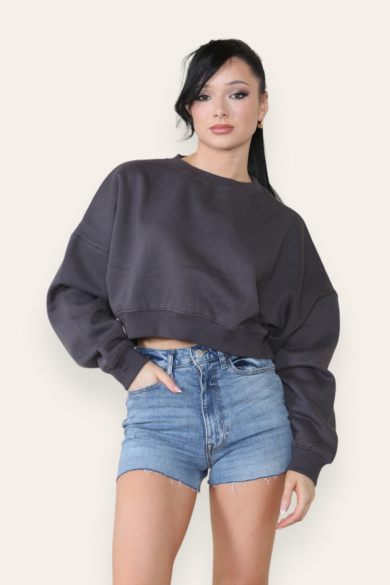 Charcoal Grey Fleece Jersey Crop Jumper - Logan - Storm Desire