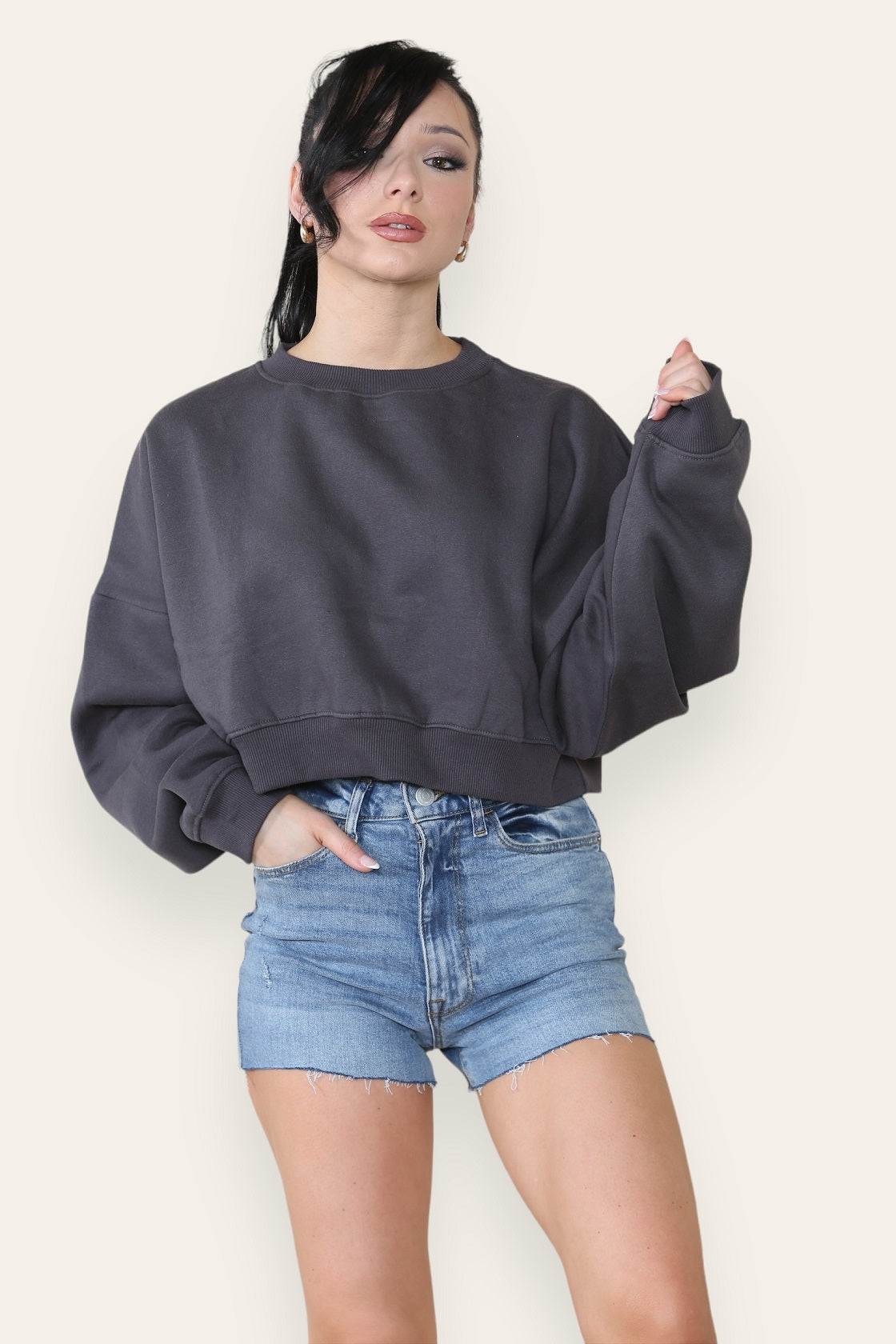 Charcoal Grey Fleece Jersey Crop Jumper - Logan - Storm Desire