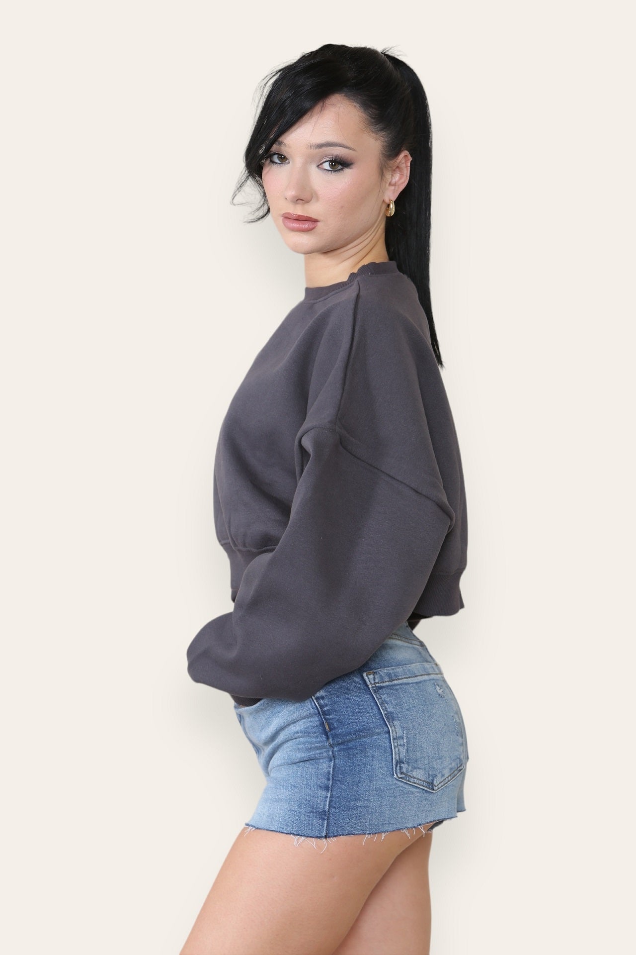 Charcoal Grey Fleece Jersey Crop Jumper - Logan - Storm Desire