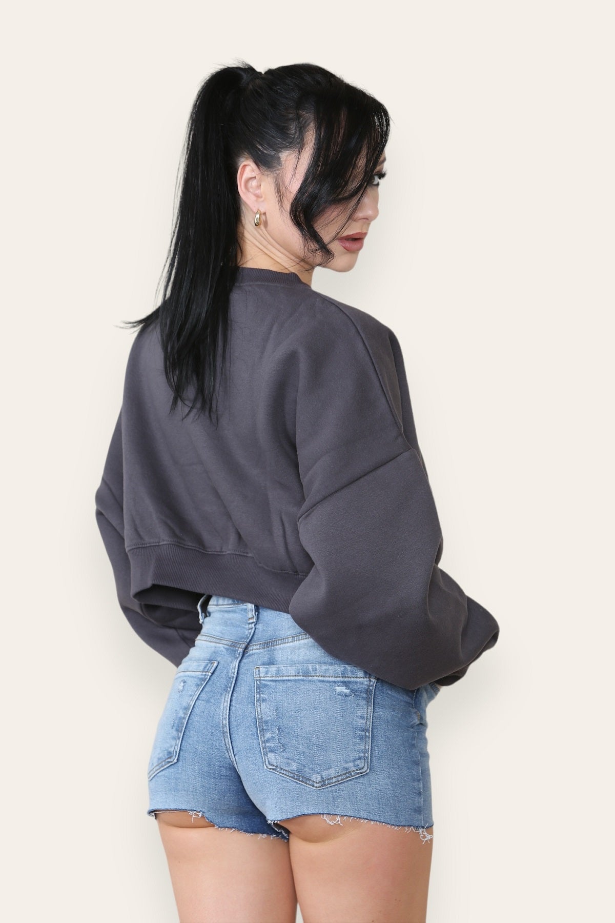 Charcoal Grey Fleece Jersey Crop Jumper - Logan - Storm Desire