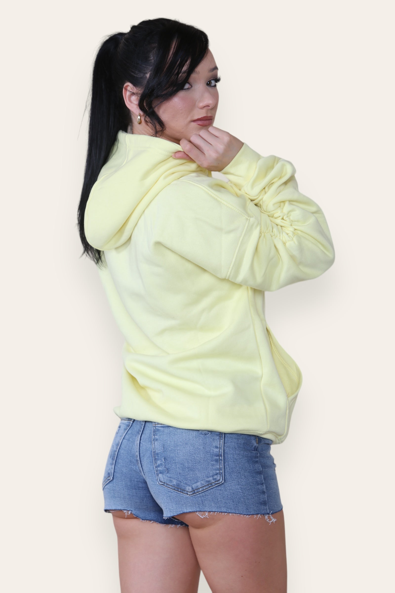 Yellow Ruched Sleeve Hooded Sweatshirt - Kora - Storm Desire